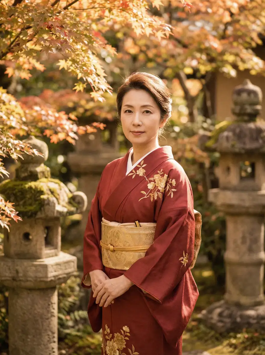 一位身穿暗红色和服的优雅 彩神通网址 在日式庭院中